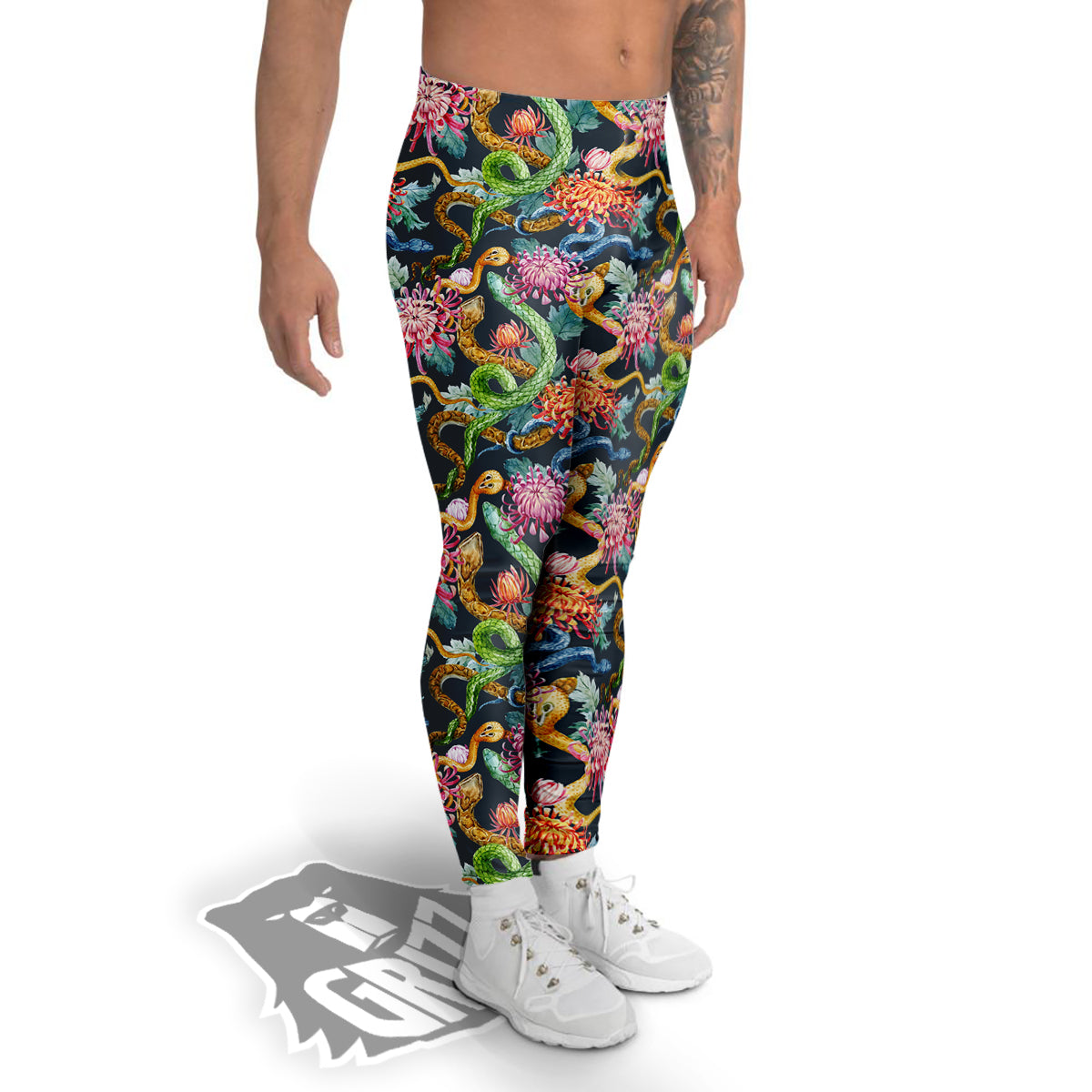 Watercolor Snake Chrysanthemum Flowers Print Pattern Men's Leggings-grizzshop