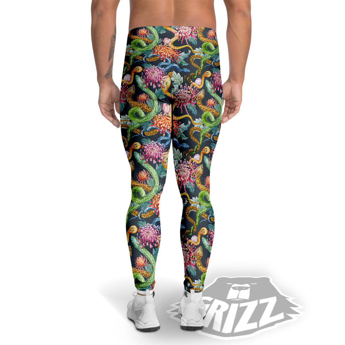 Watercolor Snake Chrysanthemum Flowers Print Pattern Men's Leggings-grizzshop