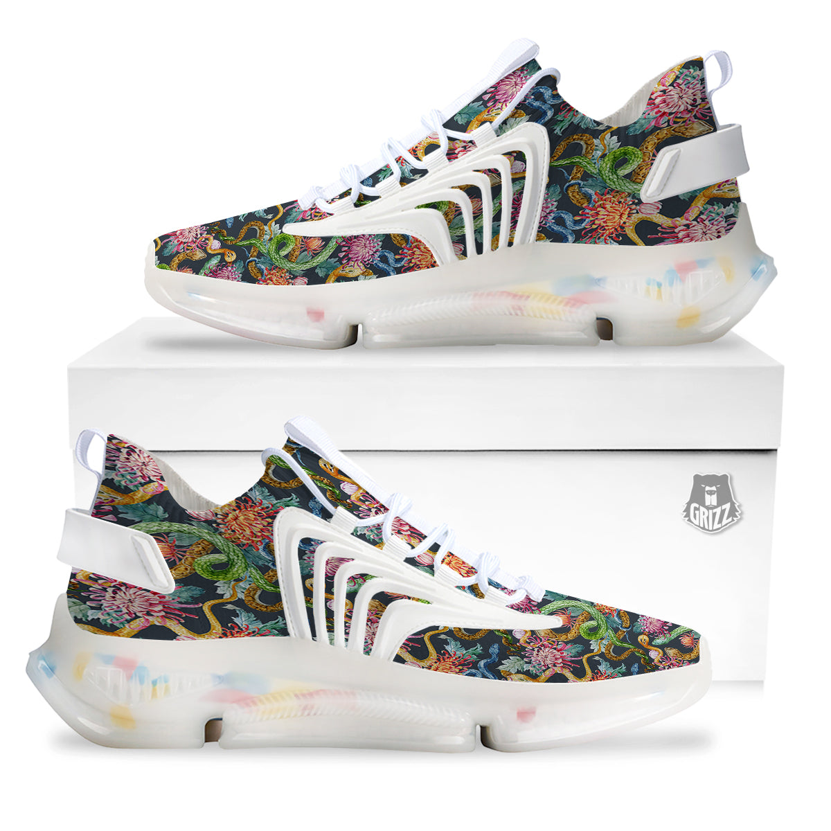 Watercolor Snake Chrysanthemum Flowers Print Pattern White Gym Shoes-grizzshop