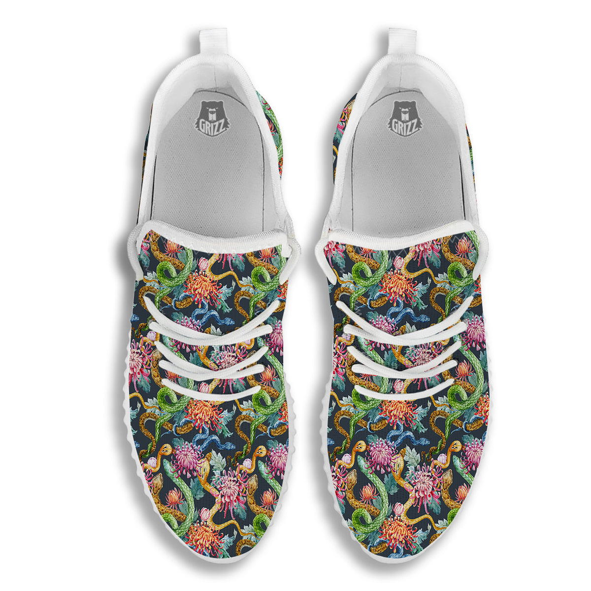 Watercolor Snake Chrysanthemum Flowers Print Pattern White Walking Shoes-grizzshop