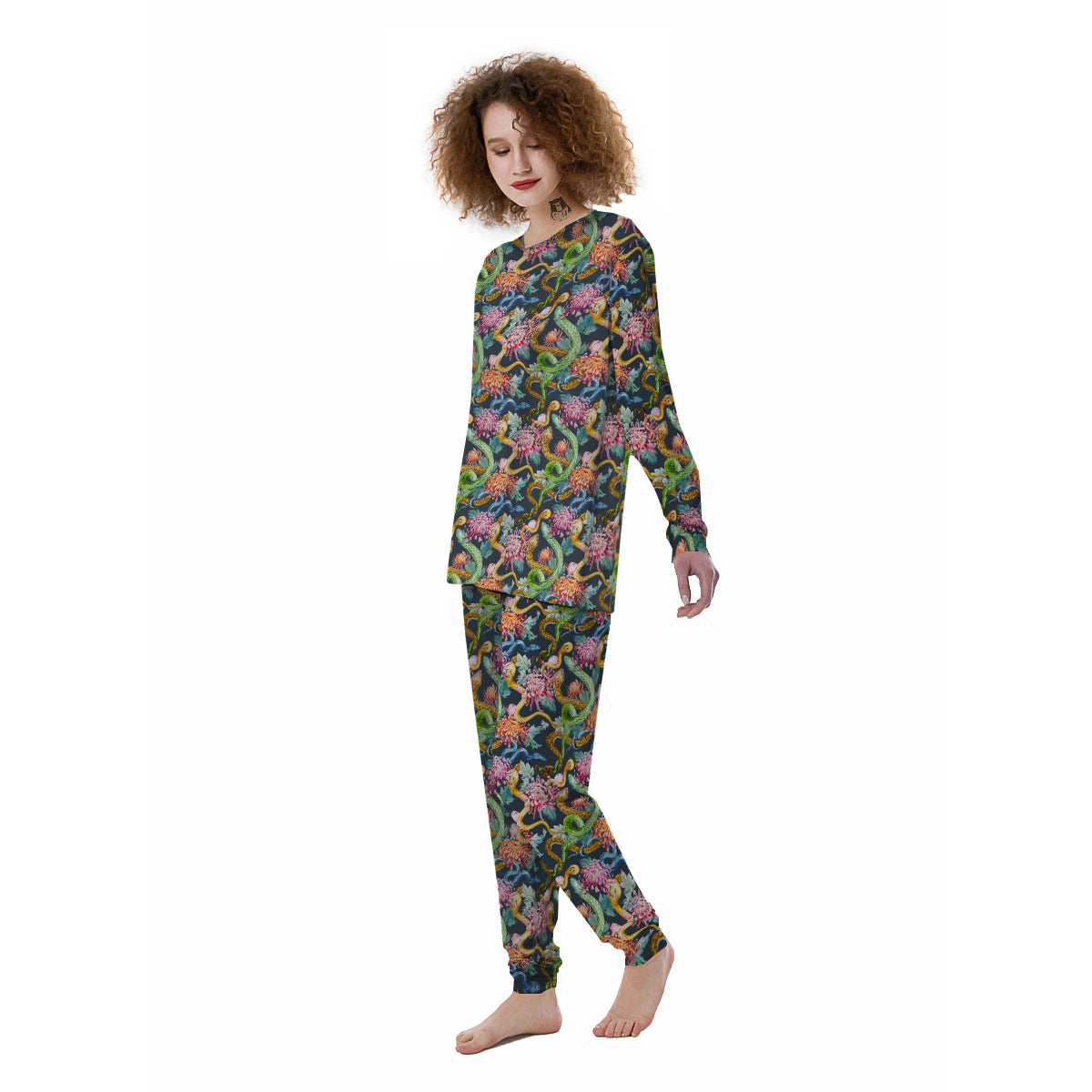 Watercolor Snake Chrysanthemum Flowers Print Pattern Women's Pajamas-grizzshop