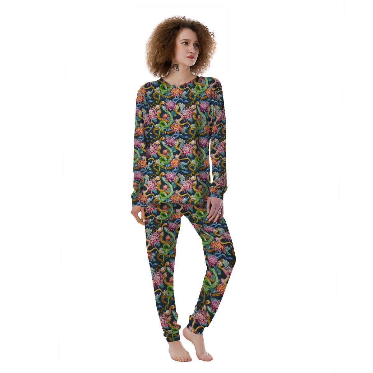 Watercolor Snake Chrysanthemum Flowers Print Pattern Women's Pajamas-grizzshop