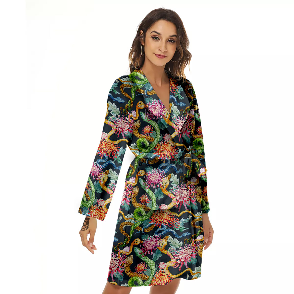 Watercolor Snake Chrysanthemum Flowers Print Pattern Women's Robe-grizzshop