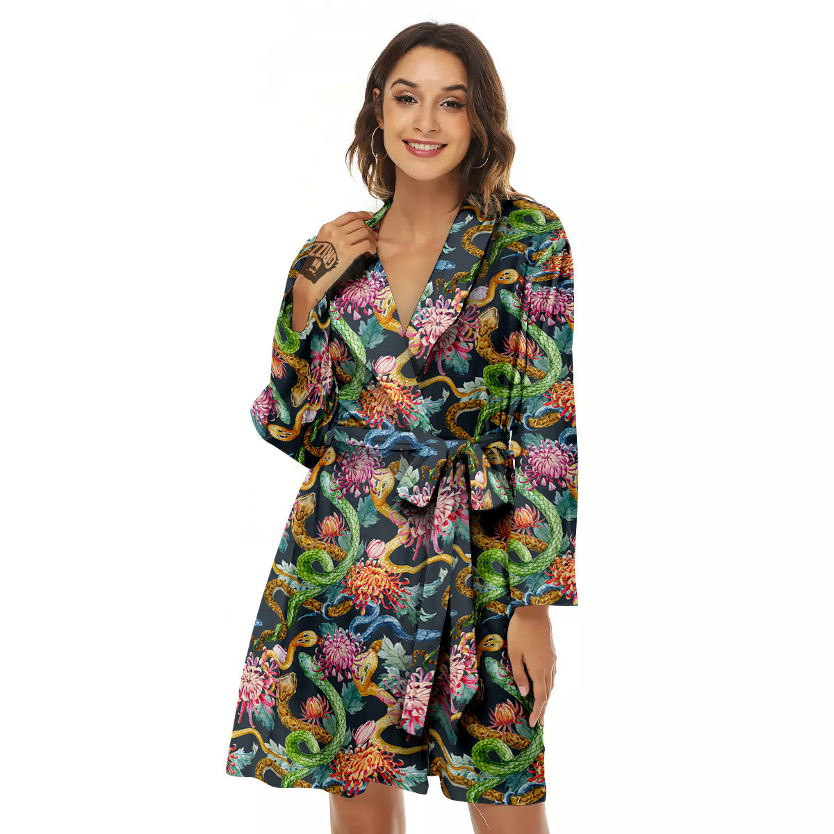 Watercolor Snake Chrysanthemum Flowers Print Pattern Women's Robe-grizzshop