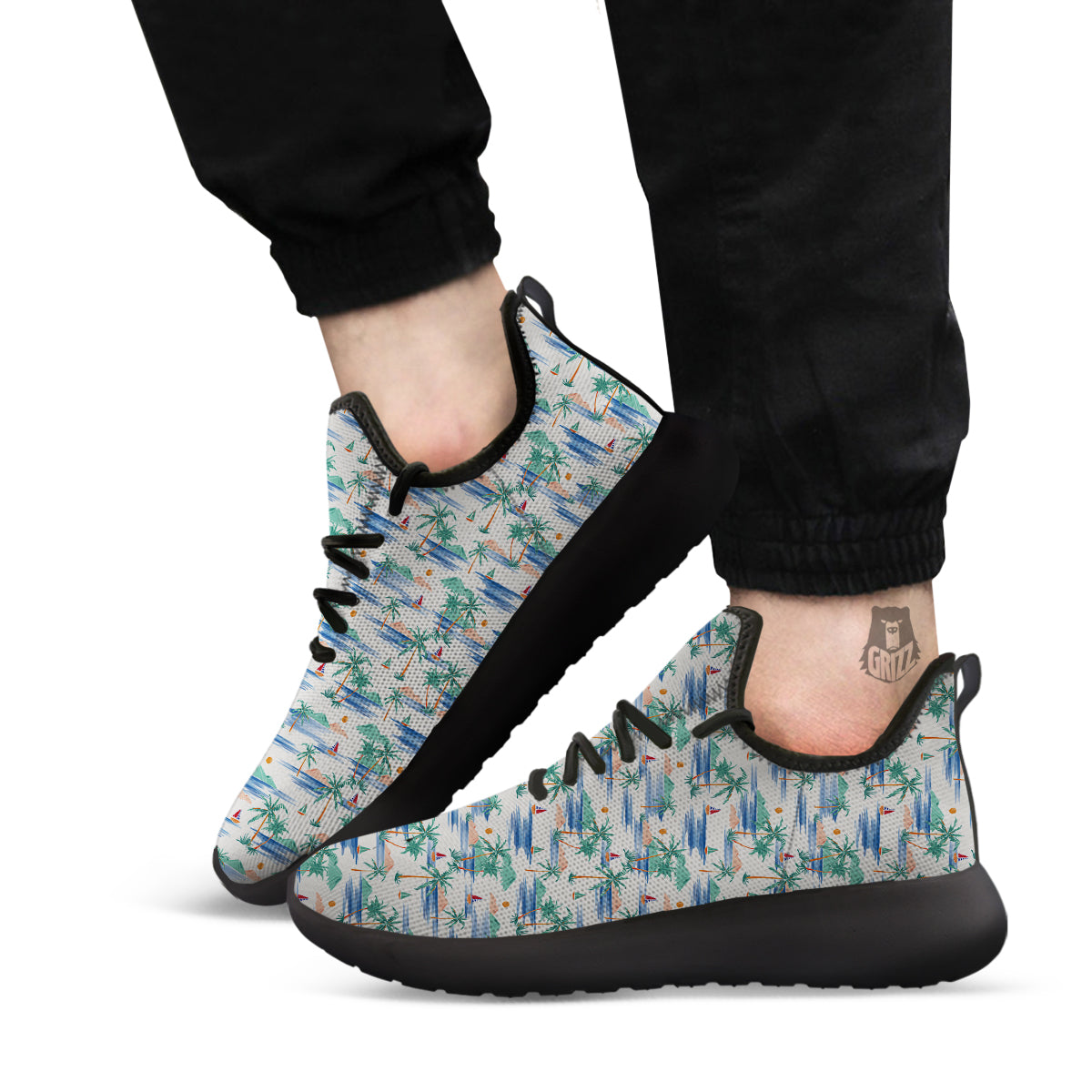 Watercolor Summer Island Palm Tree Print Pattern Black Athletic Shoes-grizzshop