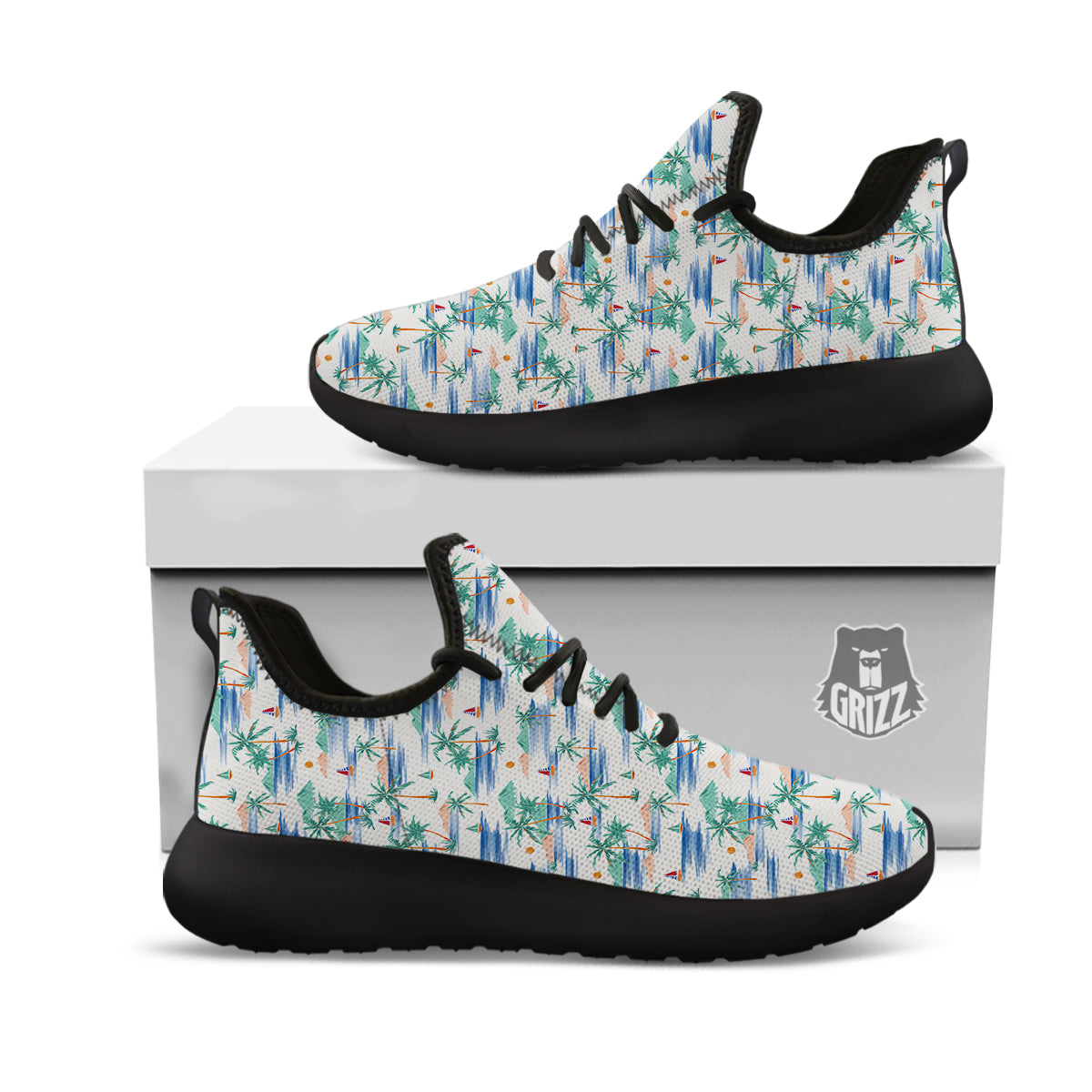 Watercolor Summer Island Palm Tree Print Pattern Black Athletic Shoes-grizzshop