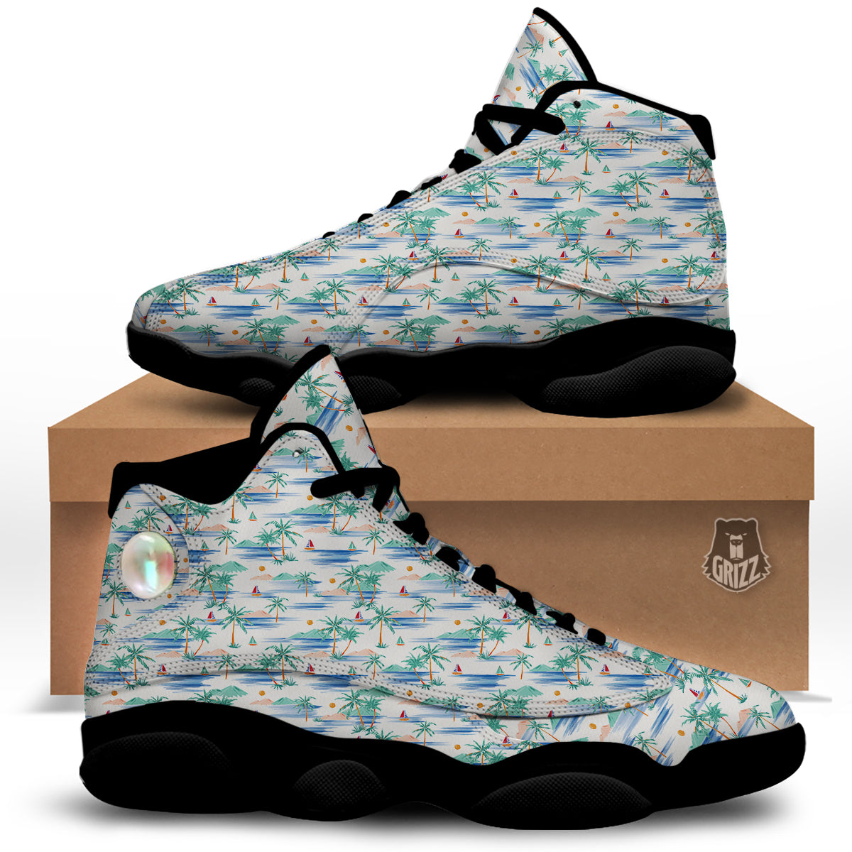 Watercolor Summer Island Palm Tree Print Pattern Black Basketball Shoes-grizzshop