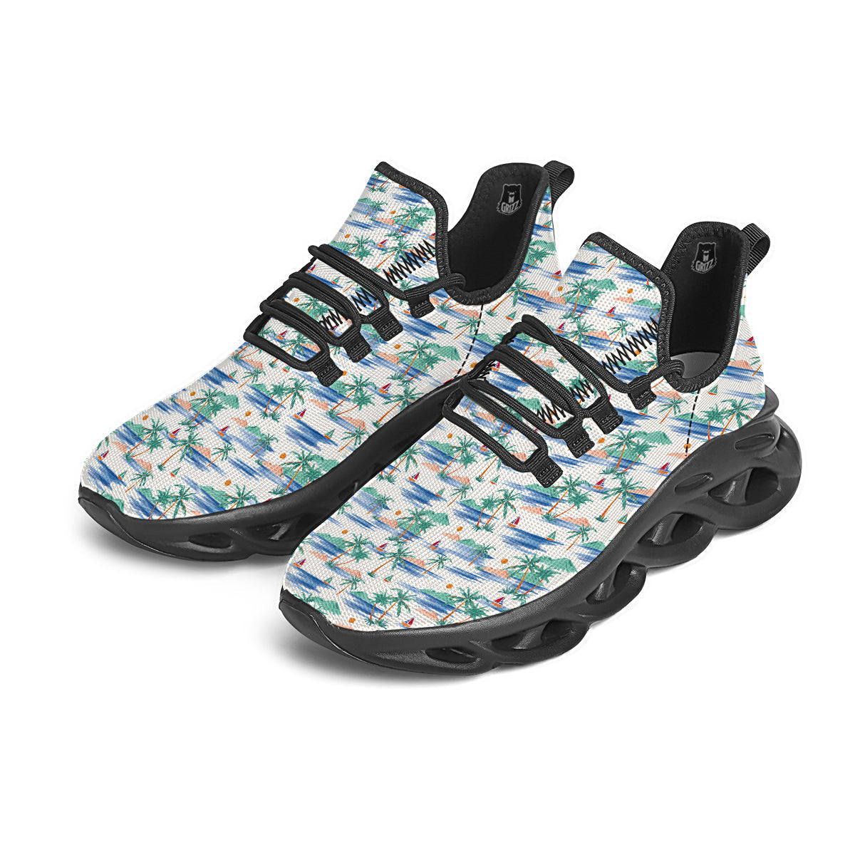 Watercolor Summer Island Palm Tree Print Pattern Black Running Shoes-grizzshop
