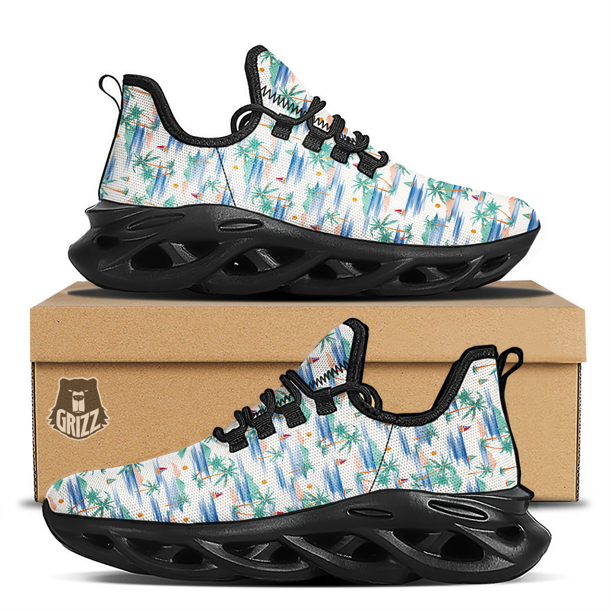 Watercolor Summer Island Palm Tree Print Pattern Black Running Shoes-grizzshop