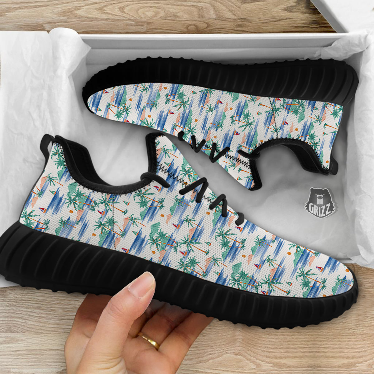 Watercolor Summer Island Palm Tree Print Pattern Black Walking Shoes-grizzshop