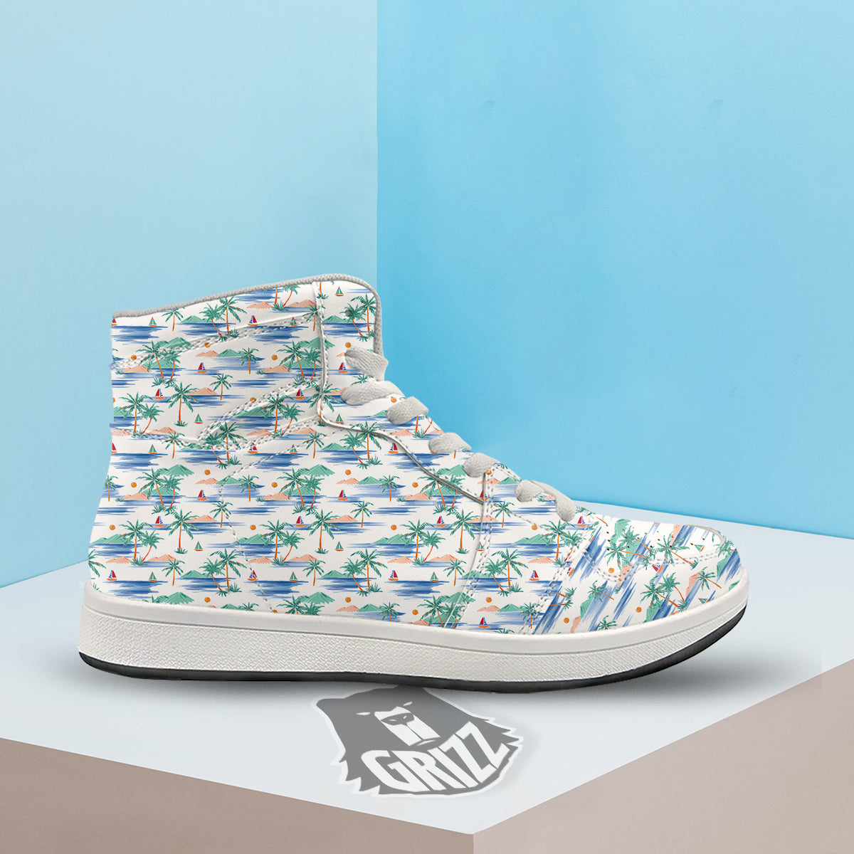 Watercolor Summer Island Palm Tree Print Pattern High Top Sneakers-grizzshop
