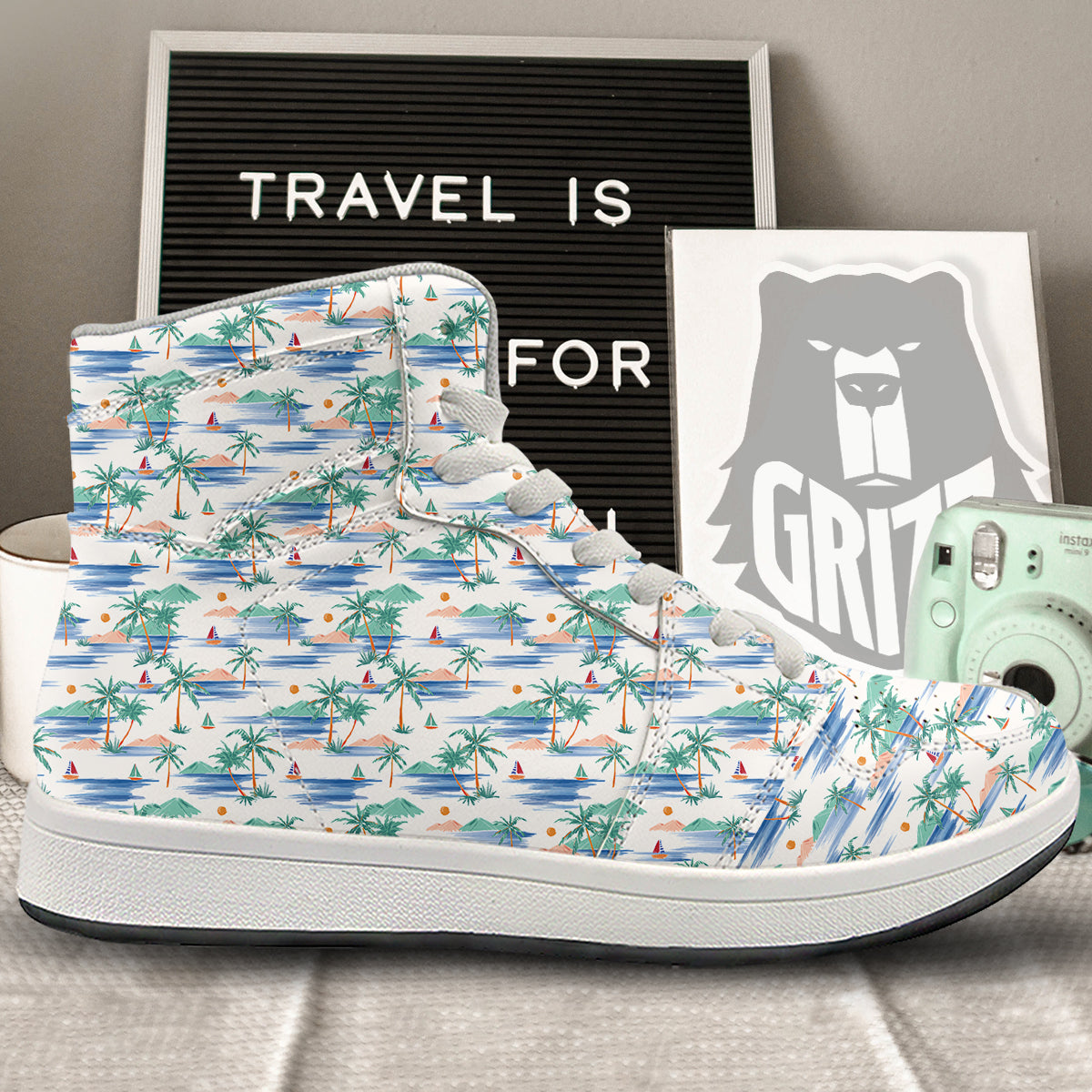 Watercolor Summer Island Palm Tree Print Pattern High Top Sneakers-grizzshop