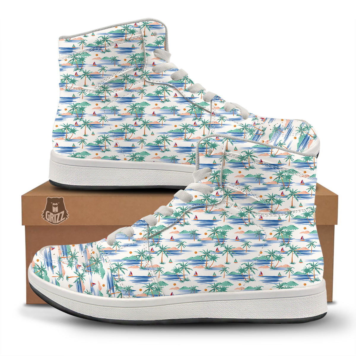 Watercolor Summer Island Palm Tree Print Pattern High Top Sneakers-grizzshop