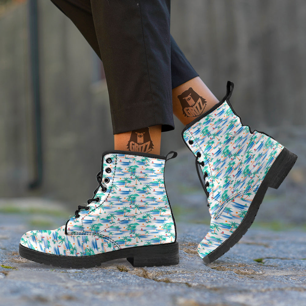 Watercolor Summer Island Palm Tree Print Pattern Leather Boots-grizzshop