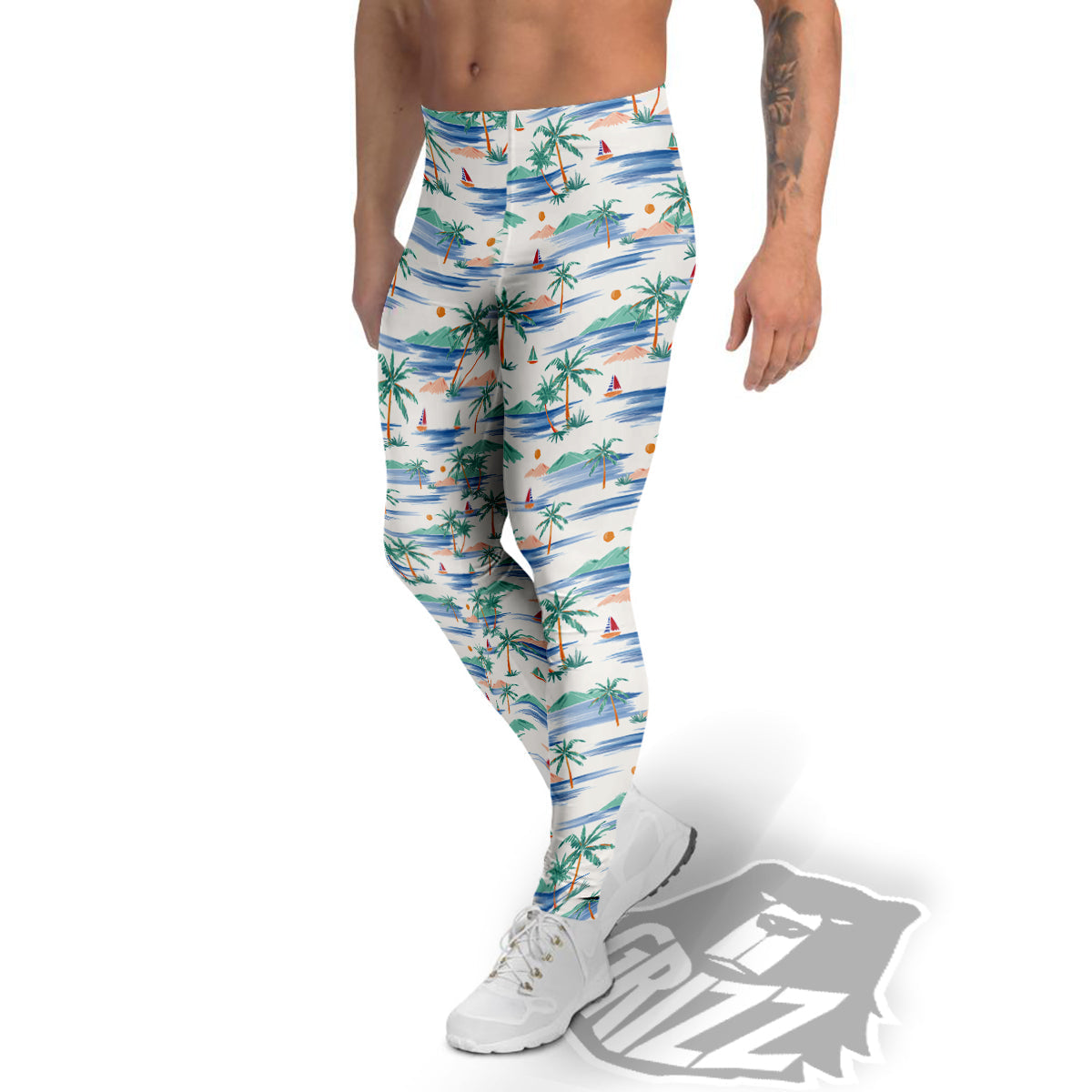 Watercolor Summer Island Palm Tree Print Pattern Men's Leggings-grizzshop