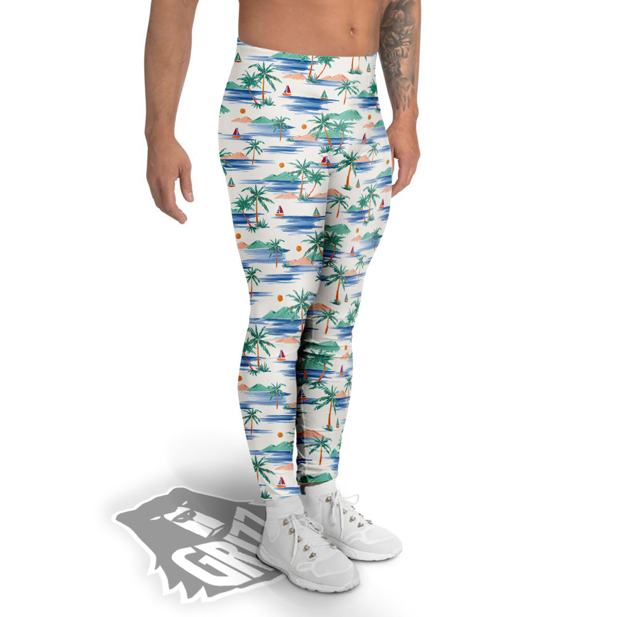Watercolor Summer Island Palm Tree Print Pattern Men's Leggings-grizzshop