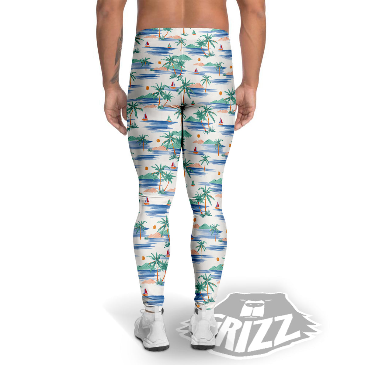 Watercolor Summer Island Palm Tree Print Pattern Men's Leggings-grizzshop
