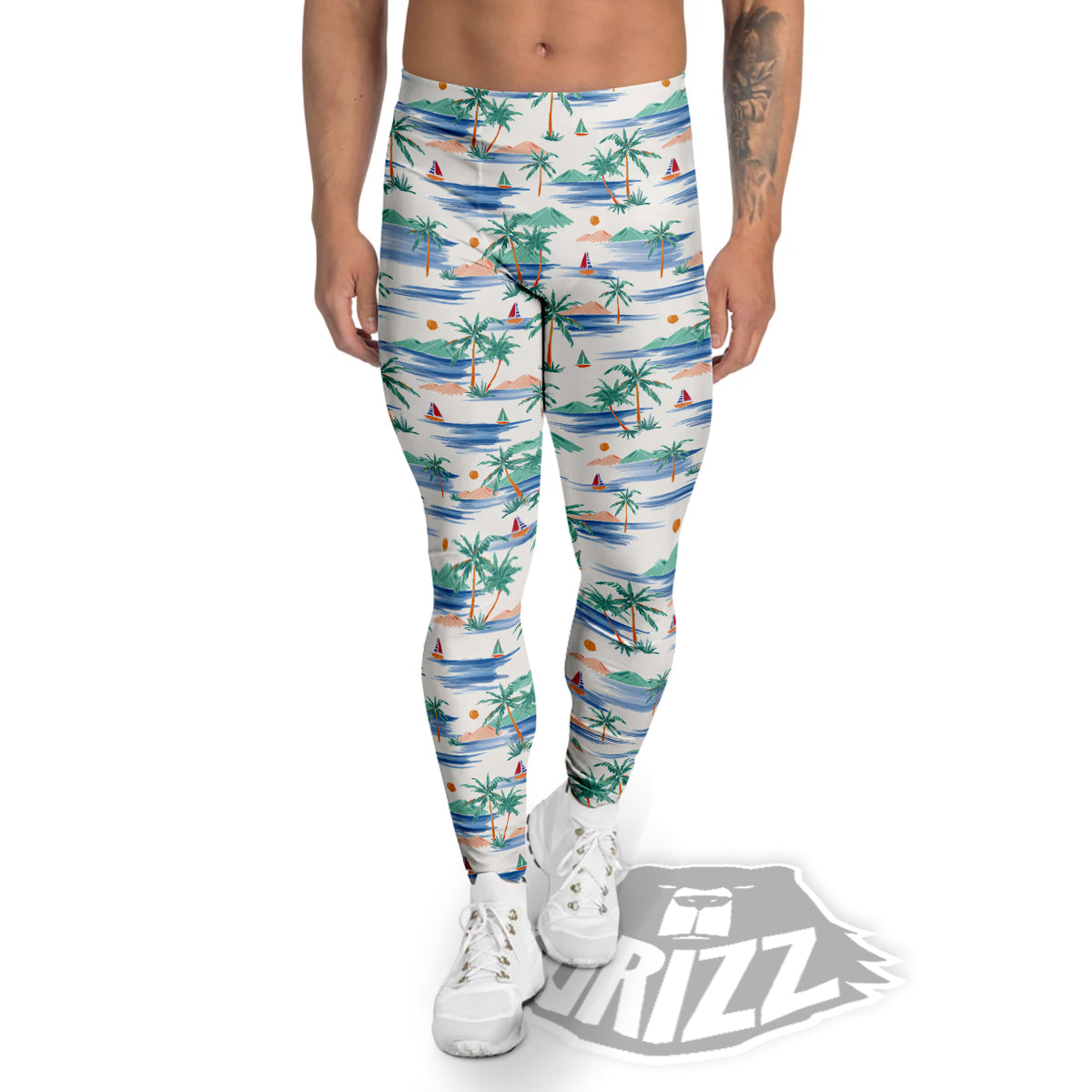 Watercolor Summer Island Palm Tree Print Pattern Men's Leggings-grizzshop