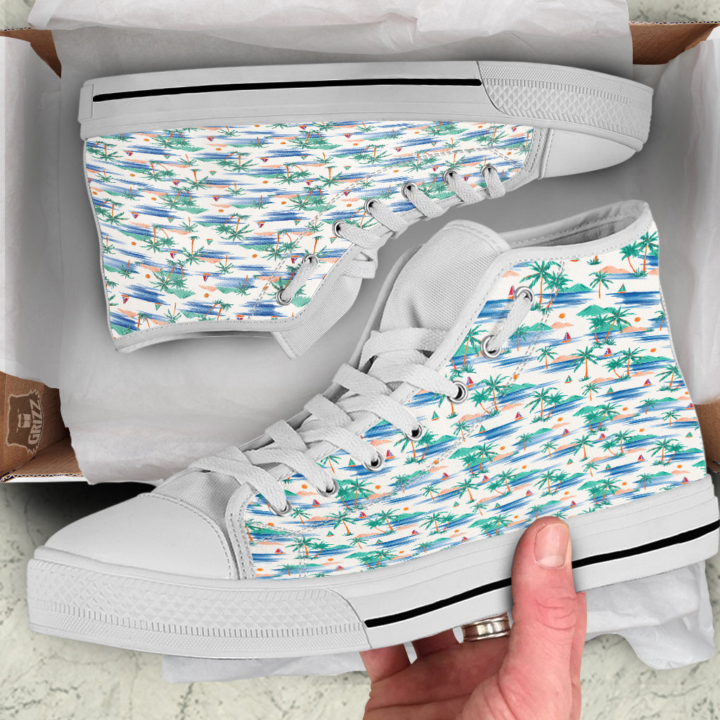 Watercolor Summer Island Palm Tree Print Pattern White High Top Shoes-grizzshop