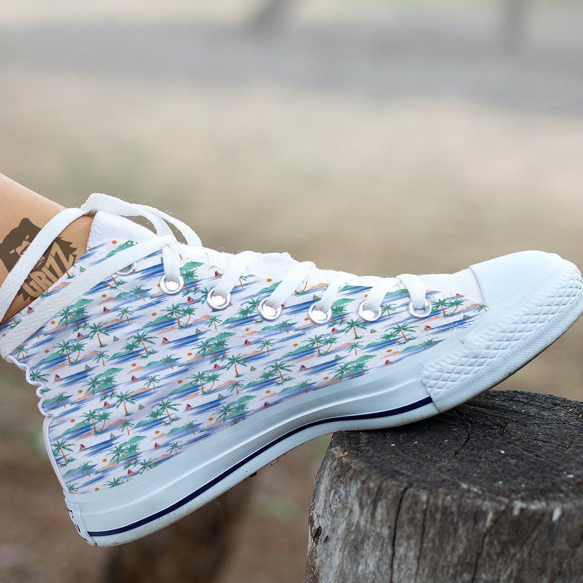 Watercolor Summer Island Palm Tree Print Pattern White High Top Shoes-grizzshop
