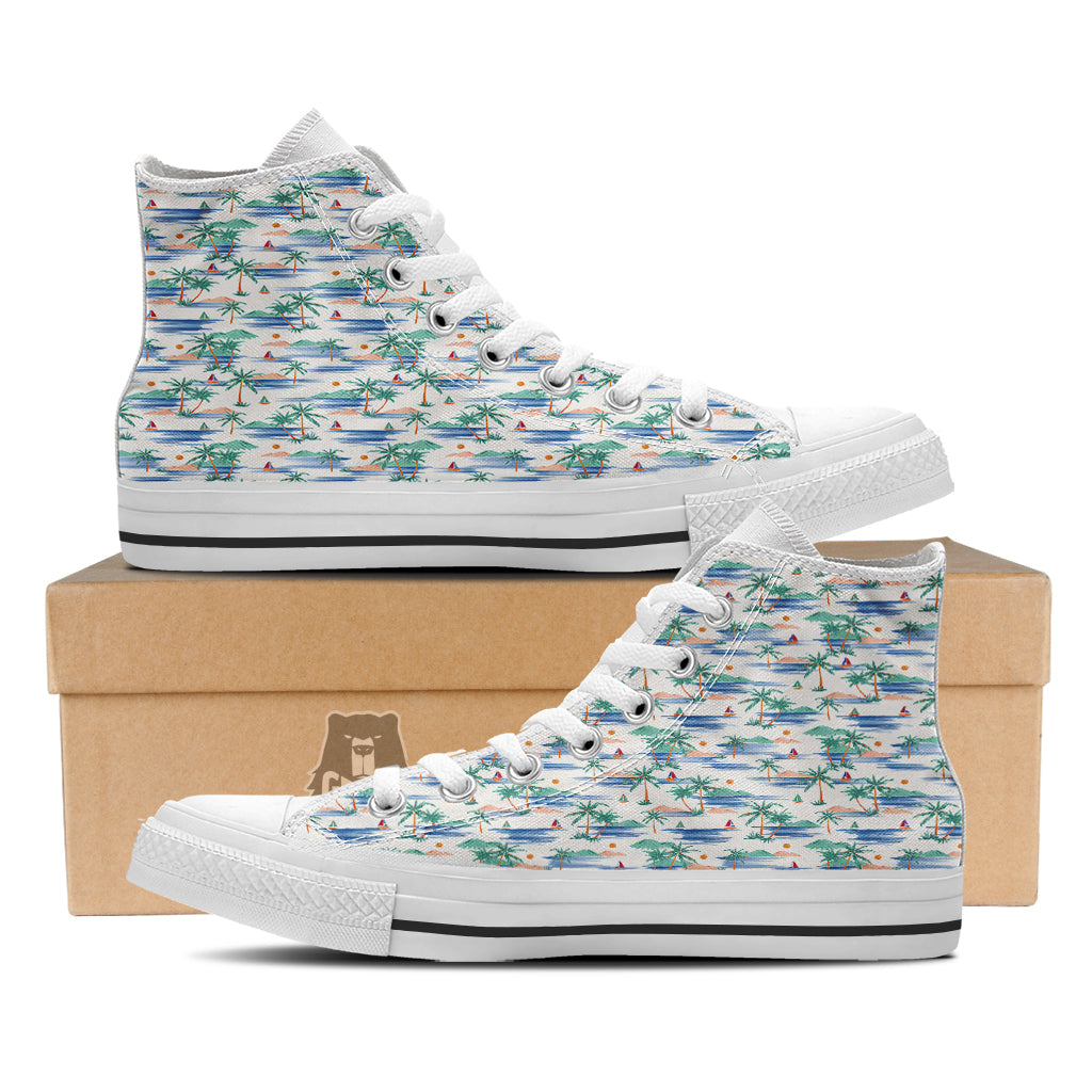 Watercolor Summer Island Palm Tree Print Pattern White High Top Shoes-grizzshop
