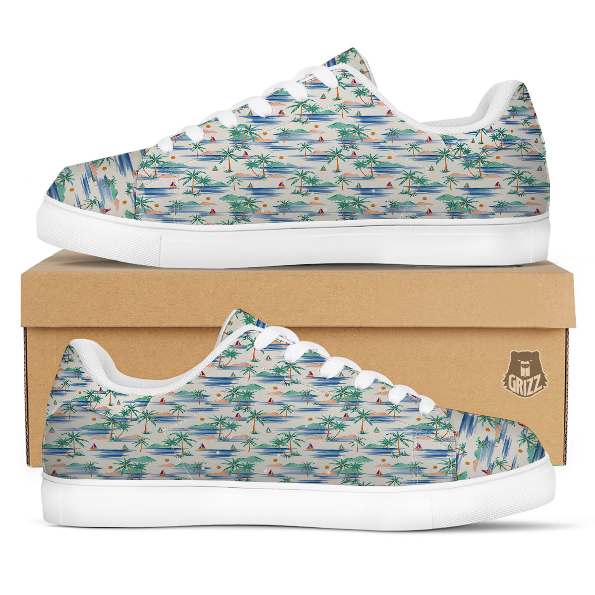 Watercolor Summer Island Palm Tree Print Pattern White Low Top Sneakers-grizzshop