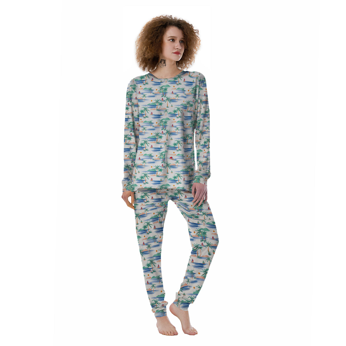 Watercolor Summer Island Palm Tree Print Pattern Women's Pajamas-grizzshop