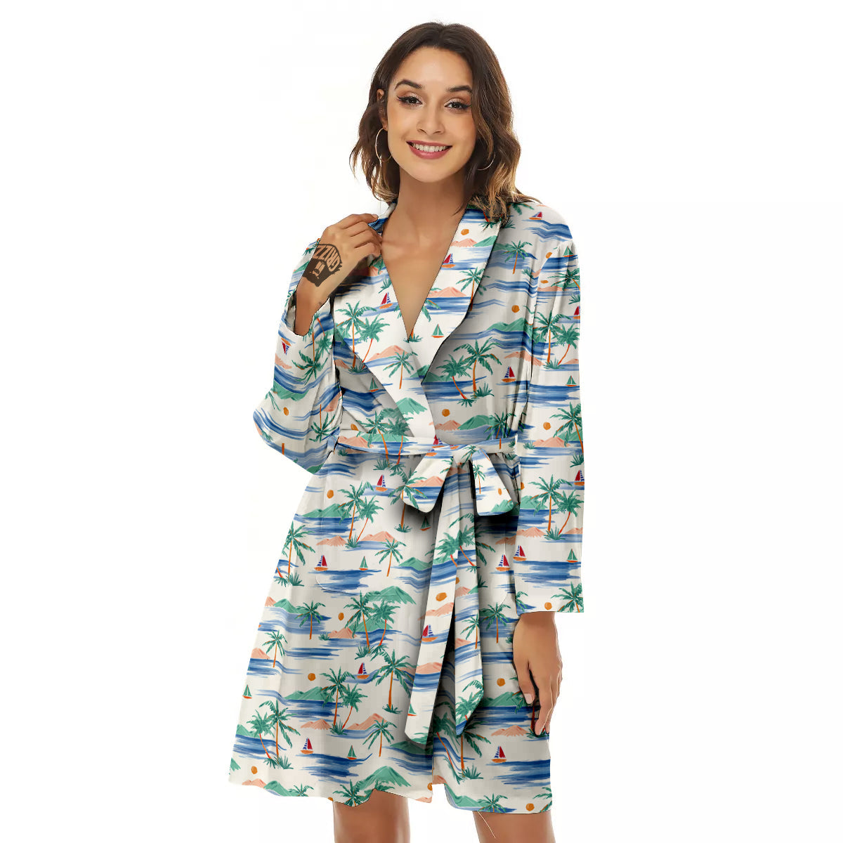 Watercolor Summer Island Palm Tree Print Pattern Women's Robe-grizzshop