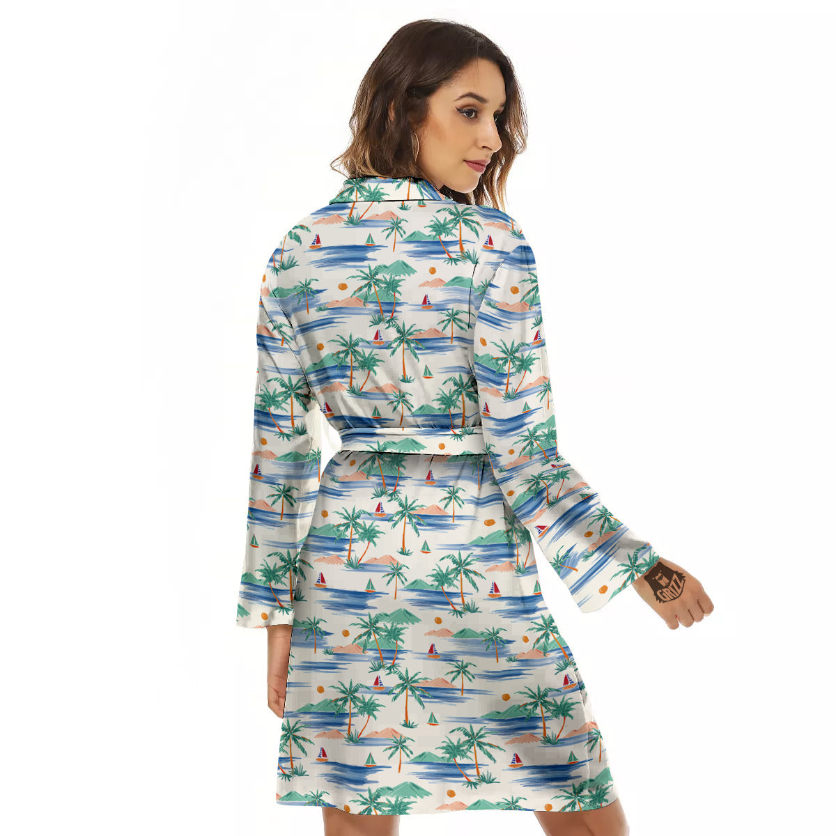 Watercolor Summer Island Palm Tree Print Pattern Women's Robe-grizzshop