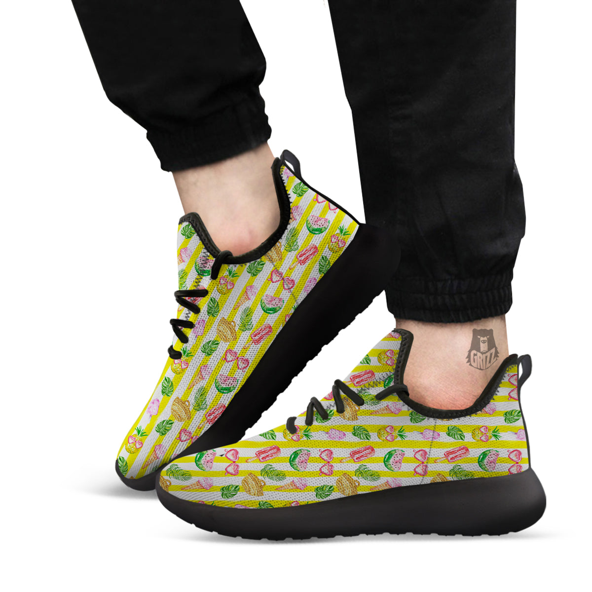 Watercolor Summer Yellow Stripe Print Pattern Black Athletic Shoes-grizzshop