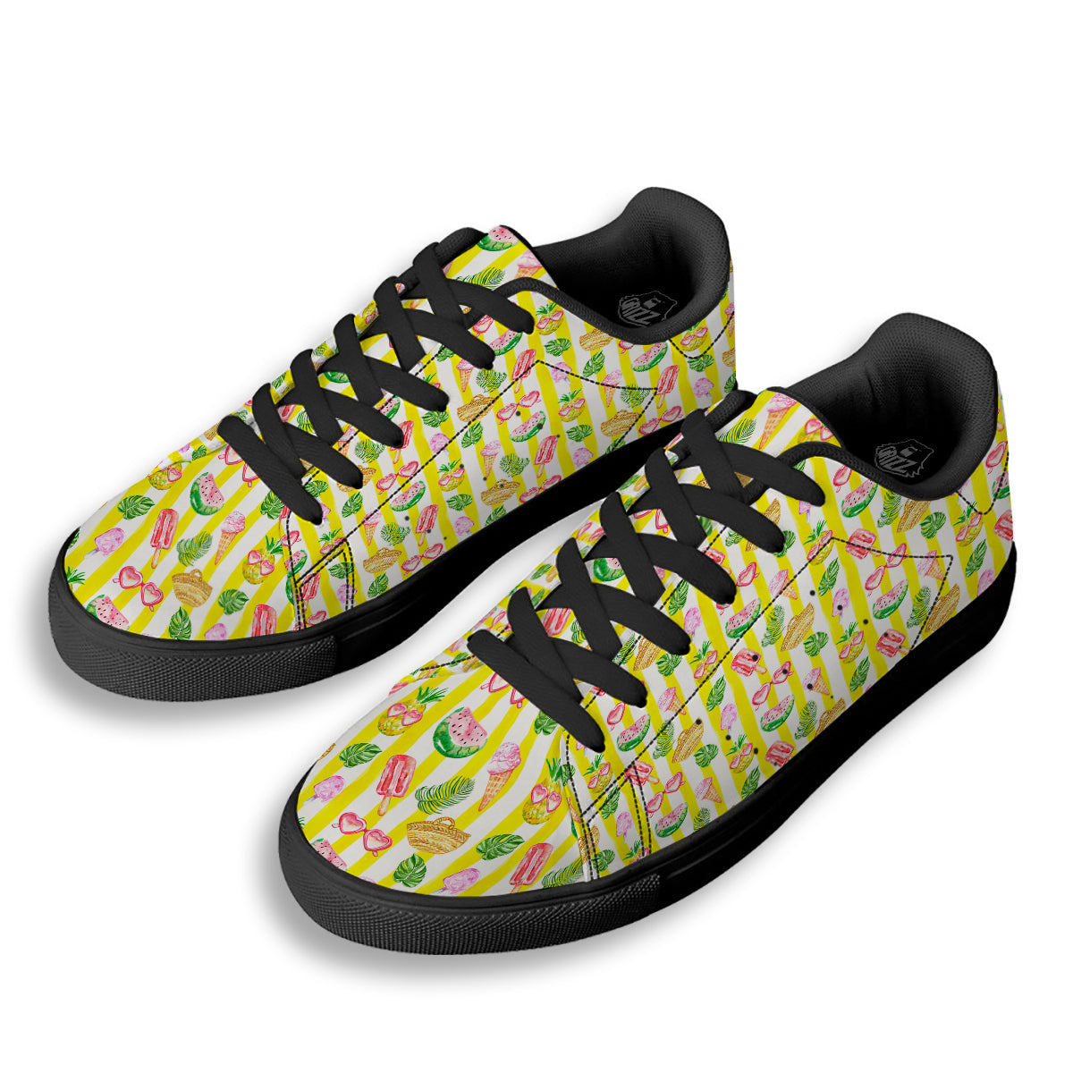 Watercolor Summer Yellow Stripe Print Pattern Black Low Top Sneakers-grizzshop