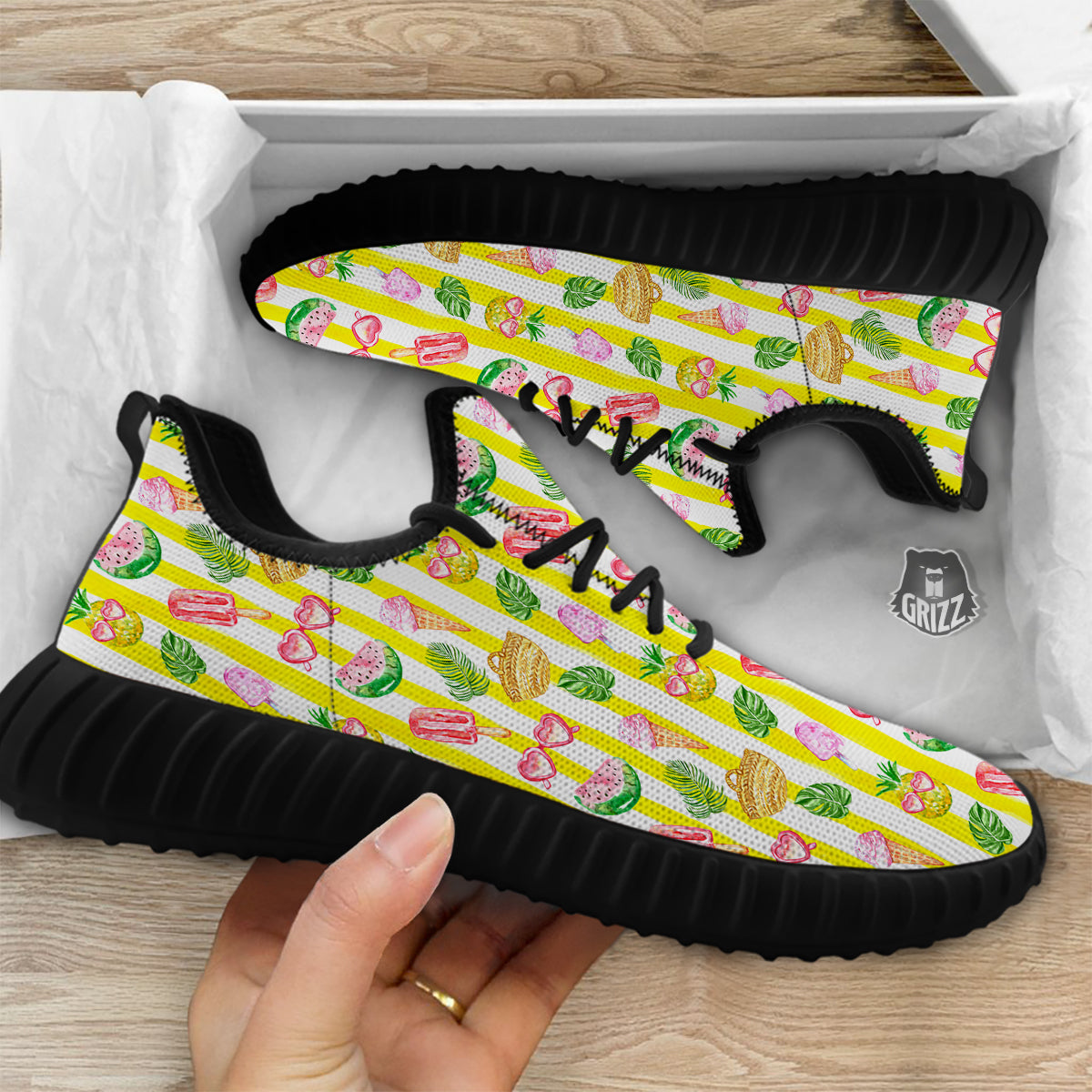 Watercolor Summer Yellow Stripe Print Pattern Black Walking Shoes-grizzshop