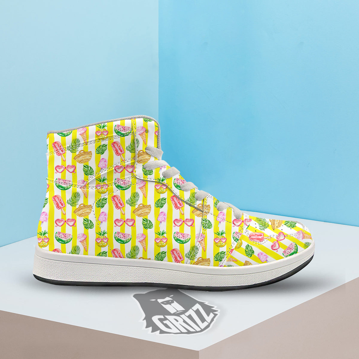 Watercolor Summer Yellow Stripe Print Pattern High Top Sneakers-grizzshop