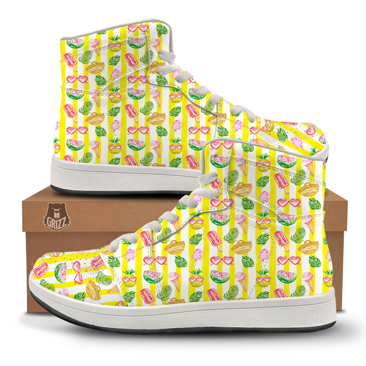 Watercolor Summer Yellow Stripe Print Pattern High Top Sneakers-grizzshop