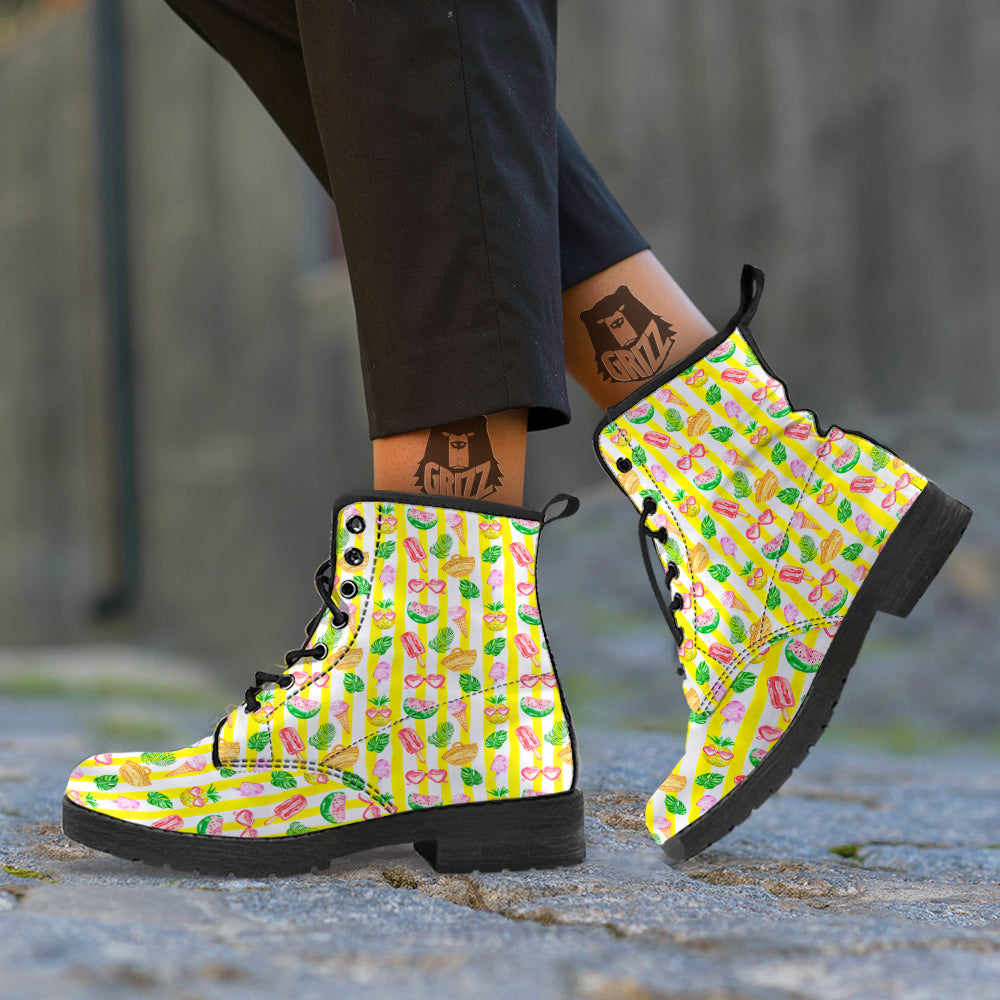 Watercolor Summer Yellow Stripe Print Pattern Leather Boots-grizzshop