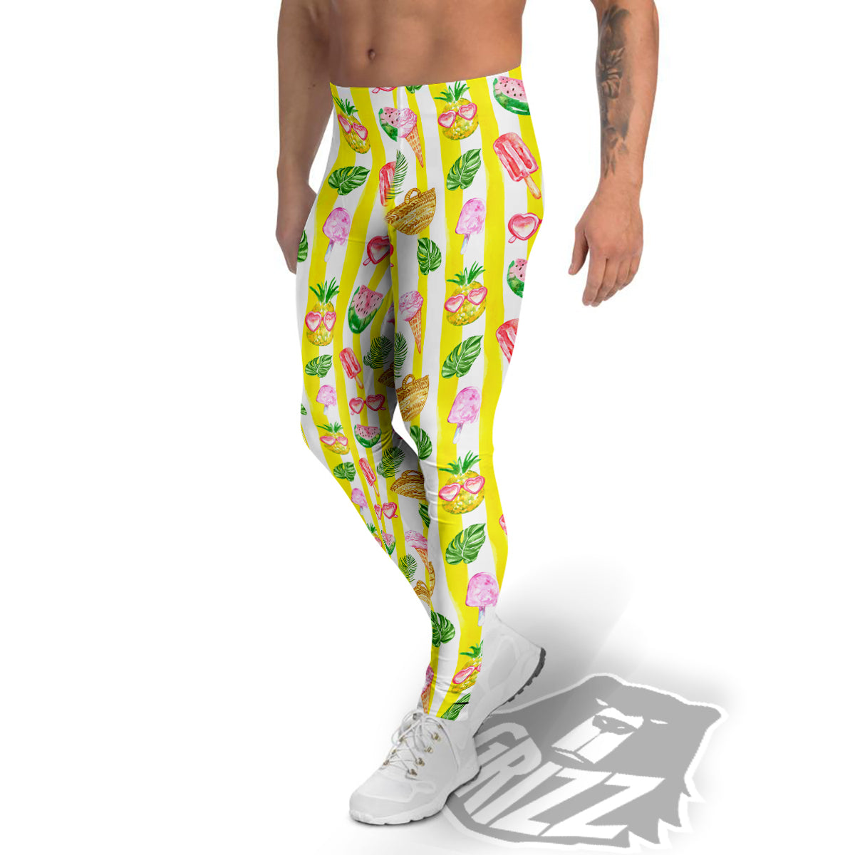 Watercolor Summer Yellow Stripe Print Pattern Men's Leggings-grizzshop