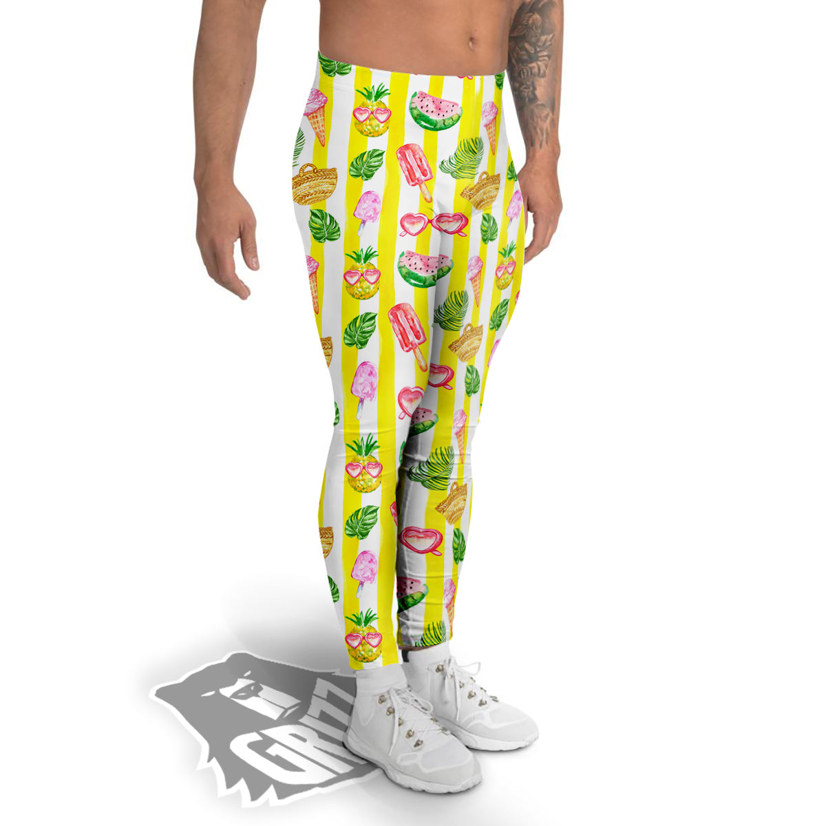 Watercolor Summer Yellow Stripe Print Pattern Men's Leggings-grizzshop