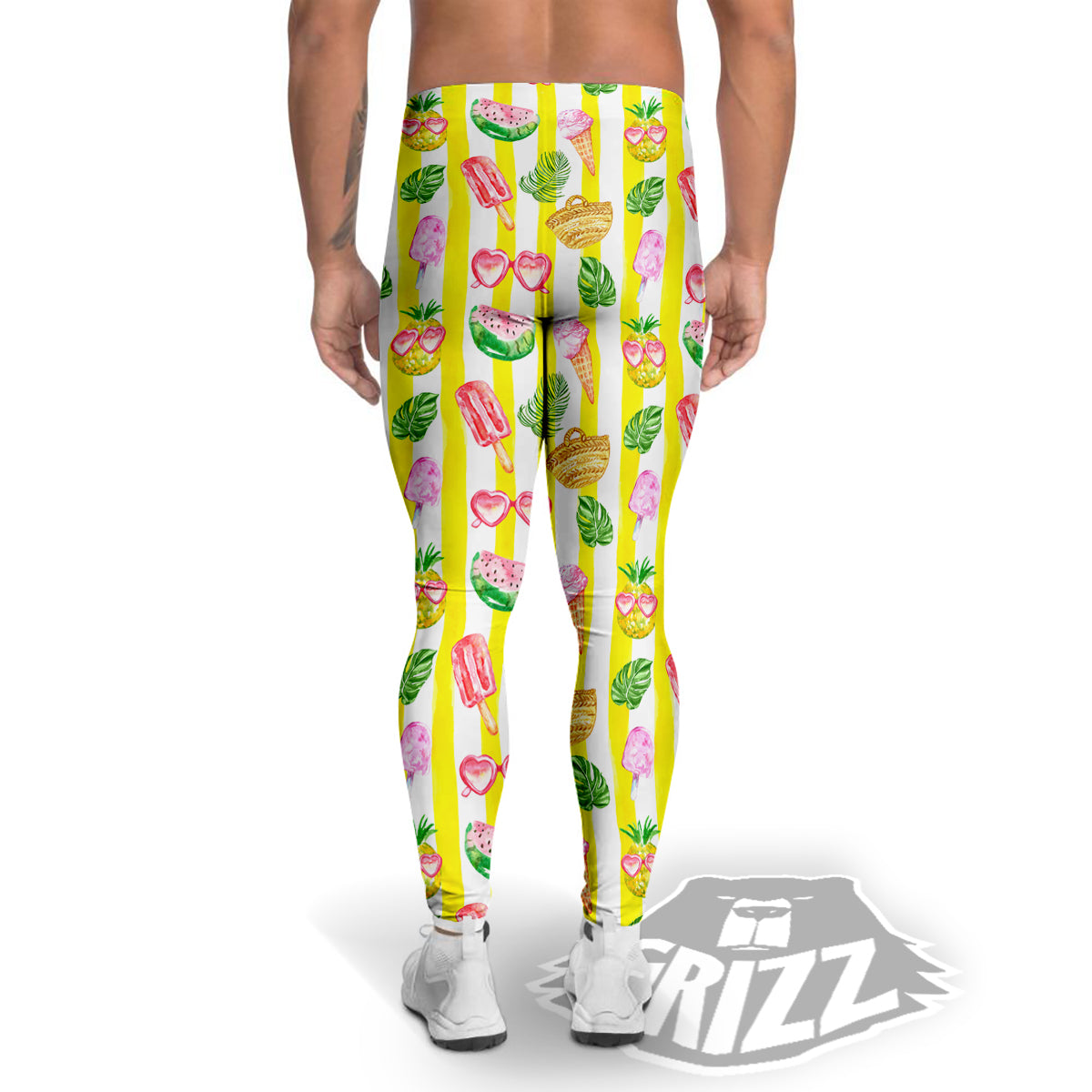 Watercolor Summer Yellow Stripe Print Pattern Men's Leggings-grizzshop