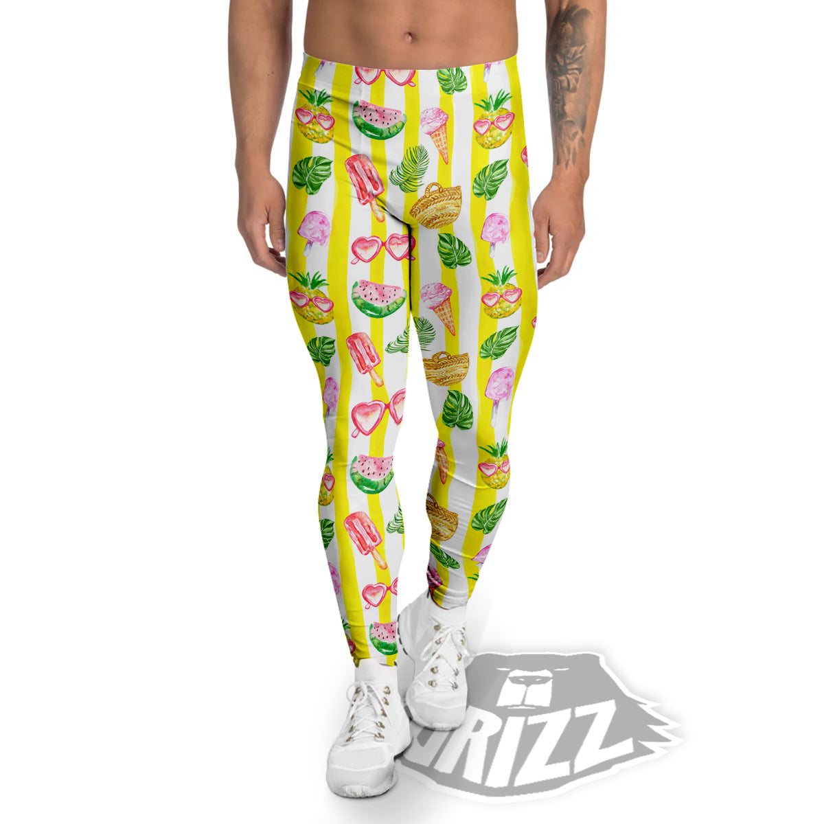 Watercolor Summer Yellow Stripe Print Pattern Men's Leggings-grizzshop