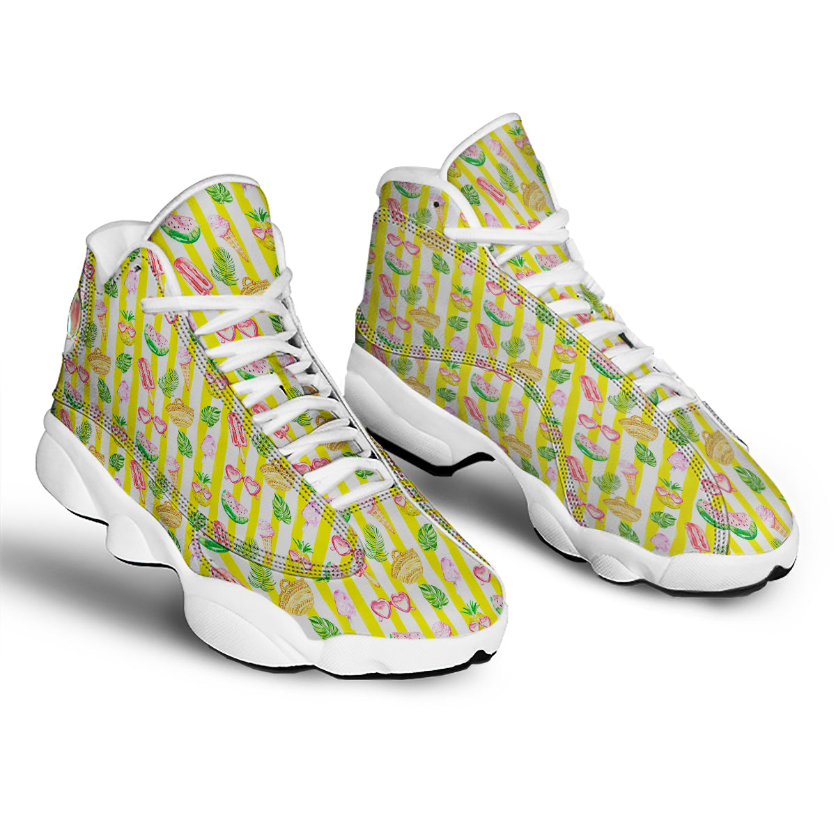 Watercolor Summer Yellow Stripe Print Pattern White Basketball Shoes-grizzshop