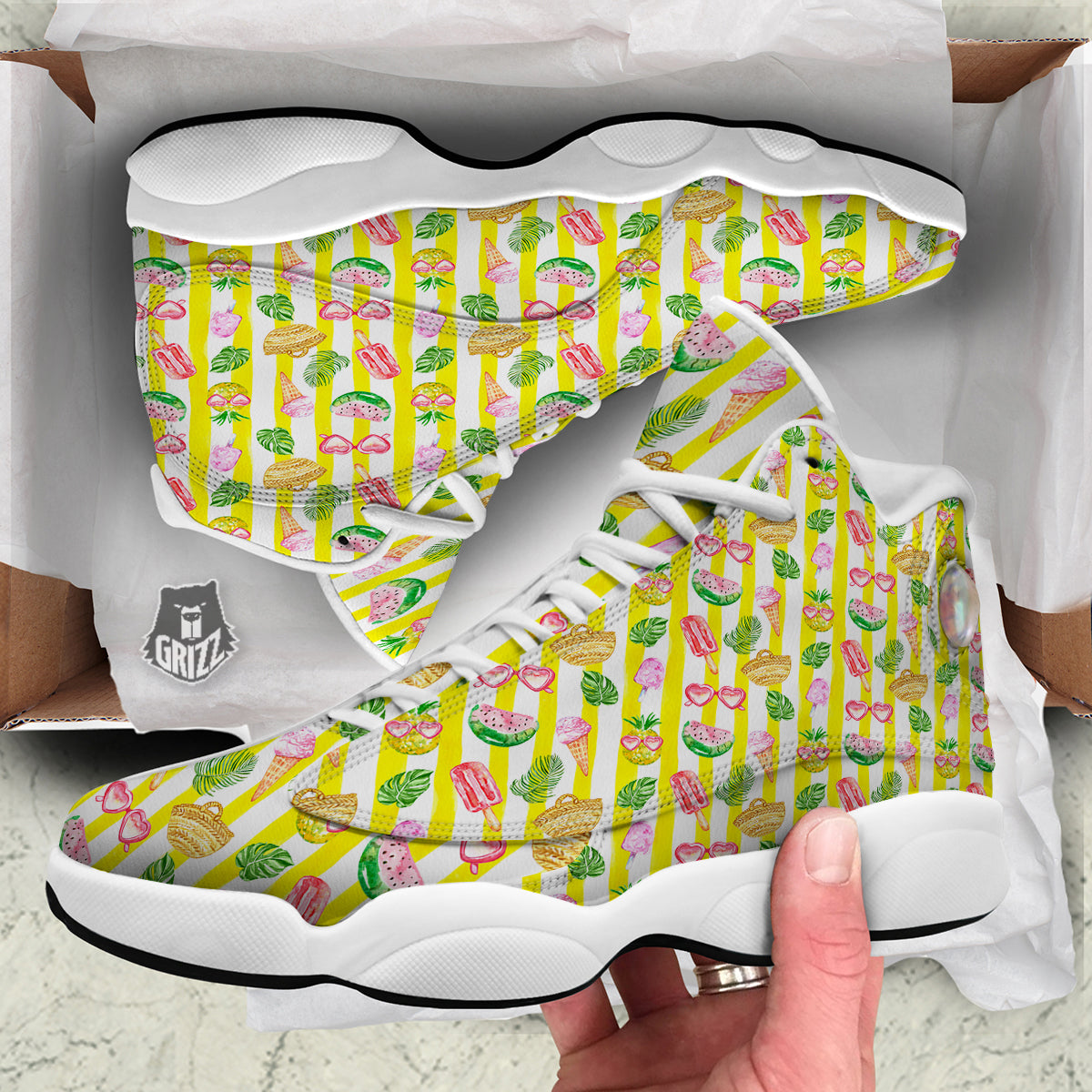 Watercolor Summer Yellow Stripe Print Pattern White Basketball Shoes-grizzshop