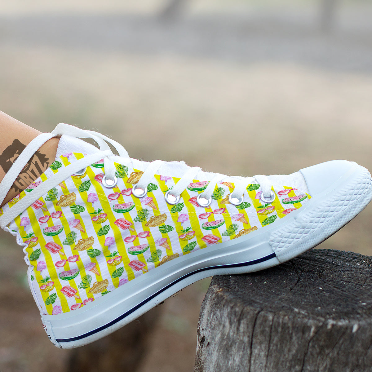 Watercolor Summer Yellow Stripe Print Pattern White High Top Shoes-grizzshop