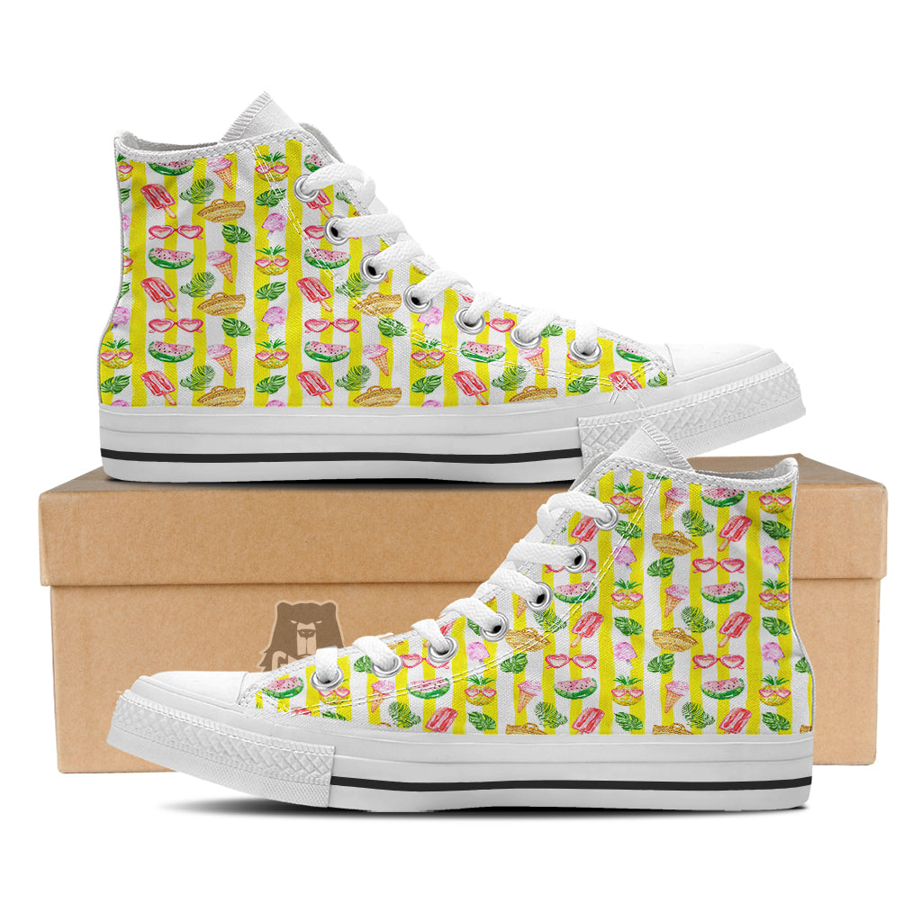 Watercolor Summer Yellow Stripe Print Pattern White High Top Shoes-grizzshop