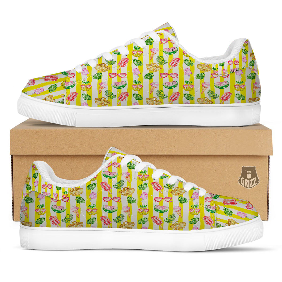 Watercolor Summer Yellow Stripe Print Pattern White Low Top Sneakers-grizzshop