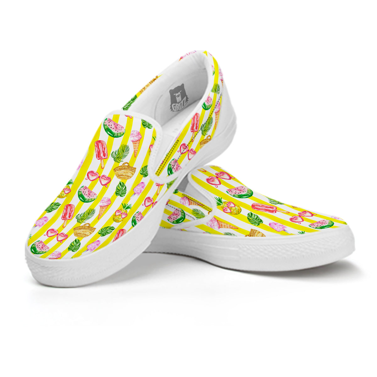 Watercolor Summer Yellow Stripe Print Pattern White Slip On Shoes-grizzshop