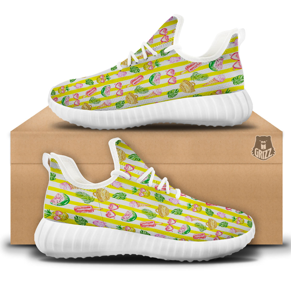 Watercolor Summer Yellow Stripe Print Pattern White Walking Shoes-grizzshop