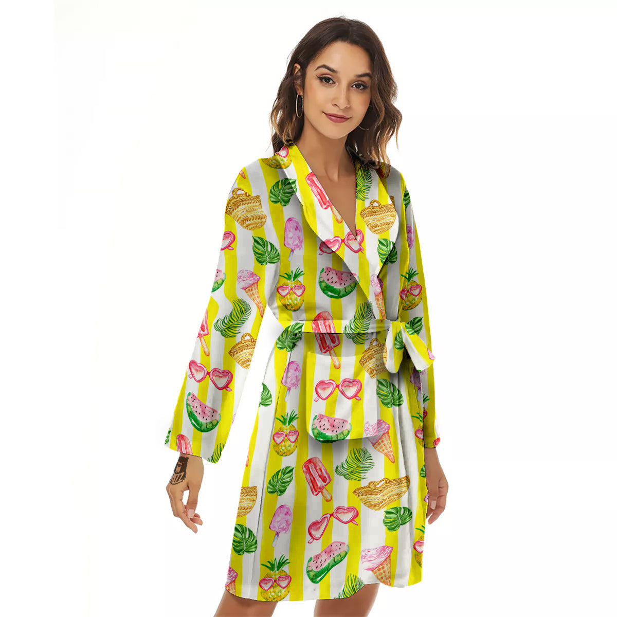 Watercolor Summer Yellow Stripe Print Pattern Women's Robe-grizzshop