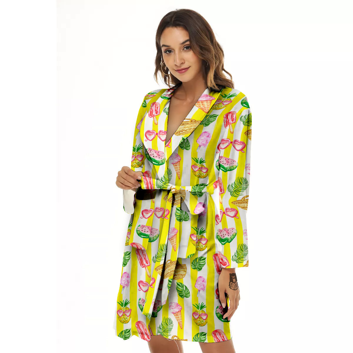 Watercolor Summer Yellow Stripe Print Pattern Women's Robe-grizzshop