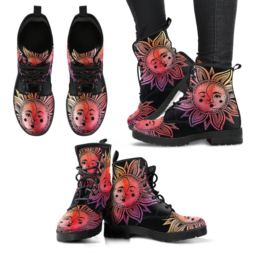 Watercolor Sun Moon Mandala Women's Leather Boots-grizzshop