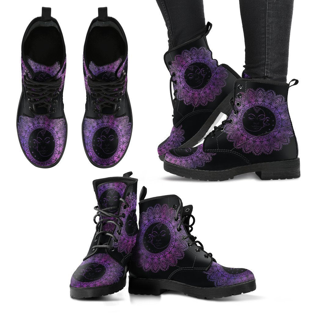 Watercolor Sun Moon Mandala Women's Leather Boots-grizzshop